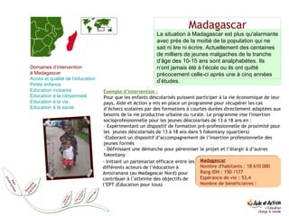 Madagascar Madagascar Nombre d'habitants : 18 610 000 Rang IDH : 150 /177 Espérance de vie : 53,4 Nombre de bénéficiaires :  La situation à Madagascar est plus qu'alarmante avec près de la moitié de la population qui ne sait ni lire ni écrire. Actuellement des centaines de milliers de jeunes malgaches de la tranche d’âge des 10-15 ans sont analphabètes. Ils n’ont jamais été à l’école ou ils ont quitté précocement celle-ci après une à cinq années d’études. Exemple d’intervention : Pour que les enfants déscolarisés puissent participer à la vie économique de leur pays, Aide et Action a mis en place un programme pour récupérer les cas d’échecs scolaires par des formations à courtes durées directement adaptées aux besoins de la vie productive urbaine ou rurale. Le programme vise l'insertion socioprofessionnelle pour les jeunes déscolarisés de 13 à 18 ans en : - Expérimentant un dispositif de formation pré-professionnelle de proximité pour les  jeunes déscolarisés de 13 à 18 ans dans 5 fokontany (quartiers)  Elaborant un dispositif d’accompagnement de l’insertion professionnelle des jeunes formés - Définissant une démarche pour pérenniser le projet et l’élargir à d’autres fokontany Domaines d’intervention  à Madagascar Accès et qualité de l’éducation  Petite enfance  Education  inclusive  Education  à la citoyenneté Education  à la vie   Education  à la santé - Initiant un partenariat efficace entre les différents acteurs de l’éducation à Antsiranana (au Madagascar Nord) pour contribuer à l’atteinte des objectifs de l’EPT (Education pour tous) 