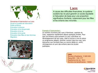 Laos Laos Nombre d'habitants : 5 920 000 Rang IDH : 135 /177 Espérance de vie : 54,3 Nombre de bénéficiaires : 14000 A cause des difficultés financières, le système scolaire lao ne peut garantir un accès équitable à l’éducation de base pour une proportion significative d’enfants, notamment pour les filles et les enfants des minorités. Domaines d’intervention au Laos Accès et qualité de l’éducation  Petite enfance  Education  inclusive  Education  à la citoyenneté Education  à la vie   Education  à la santé Éducation des filles et des femmes  Migration  Exemple d’intervention : Le nombre d’enfants des rues à Vientiane, capitale du Laos, augmente rapidement depuis quelques années. Pour que ces enfants aussi puissent un jour contribuer au développement de leur pays, Aide et Action a mis en place un programme adapté: premier contact dans les rues, puis éducation non formelle dans un centre dédie et, enfin, réintegration et suivi des enfants dans les écoles publiques. 