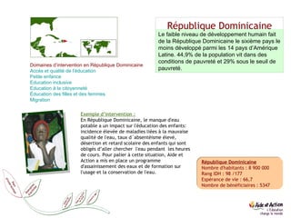 République Dominicaine République Dominicaine Nombre d'habitants : 8 900 000 Rang IDH : 98 /177 Espérance de vie : 66,7 Nombre de bénéficiaires : 5347 Domaines d’intervention en République Dominicaine Accès et qualité de l’éducation  Petite enfance  Education  inclusive  Education  à la citoyenneté Éducation des filles et des femmes  Migration  Le faible niveau de développement humain fait de la République Dominicaine le sixième pays le moins développé parmi les 14 pays d’Amérique Latine. 44,9% de la population vit dans des conditions de pauvreté et 29% sous le seuil de pauvreté. Exemple d’intervention : En République Dominicaine, le manque d'eau potable a un impact sur l'éducation des enfants: incidence élevée de maladies liées à la mauvaise qualité de l'eau, taux d´absentéisme élevé, désertion et retard scolaire des enfants qui sont obligés d’aller chercher  l'eau pendant  les heures de cours. Pour palier à cette situation, Aide et Action a mis en place un programme d'assainissement des eaux et de formation sur l'usage et la conservation de l'eau. 