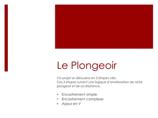 Le Plongeoir
Ce projet se déroulera en 3 étapes clés.
Ces 3 étapes suivent une logique d’amélioration de notre
plongeoir et de sa résistance.

•   Encastrement simple
•   Encastrement complexe
•   Appui en V
 