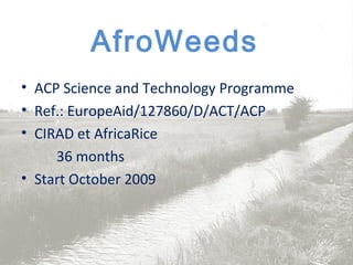 AfroWeeds
• ACP Science and Technology Programme
• Ref.: EuropeAid/127860/D/ACT/ACP
• CIRAD et AfricaRice
36 months
• Start October 2009
 