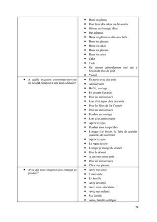 74
 Dans un gâteau
 Pour faire des cakes ou des coulis
 Gâteau au fromage blanc
 Des gâteaux
 Dans un gâteau ou dans une tarte
 Dans les gâteaux
 Dans les cakes
 Dans les gâteaux
 Dans les tartes
 Cake
 Tarte
 Un dessert généralement raté qui a
besoin de plus de goût
 Yaourt
 A quelle occasion consommeriez-vous
un dessert composé d’une aide culinaire?
 Un repas avec des amis
 Anniversaire
 Buffet, mariage
 En dessert d'un plat
 Pour un anniversaire
 Lors d’un repas chez des amis
 Pour les fêtes de fin d’année
 Pour un anniversaire
 Pendant un mariage
 Lors d’un anniversaire
 Après le repas
 Pendant mon temps libre
 Lorsque j’ai besoin de faire de grandes
quantités de nourriture
 Après le repas
 Le repas du soir
 Lorsque je mange du dessert
 Pour le dessert
 A un repas entre amis
 Pour un anniversaire
 Chez mes parents
 Avec qui vous imaginez-vous manger ce
produit ?
 Avec mes amis
 Toute seule
 En famille
 Avec des amis
 Avec mon colocataire
 Avec mes enfants
 Ma famille
 Amis, famille, collègue
 