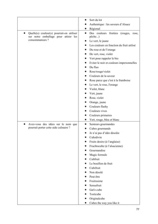 77
 Sort du lot
 Authentique : les saveurs d’Alsace
 Régional
 Quelle(s) couleur(s) pourrait-on utiliser
sur notre emballage pour attirer les
consommateurs ?
 Des couleurs fruitées (rouges, rose,
pêche...)
 Le vert, le jaune
 Les couleurs en fonction du fruit utilisé
 Du rose et de l’orange
 De vert, rose, violet
 Vert pour rappeler le bio
 Eviter le noir et couleurs impersonnelles
 Du fluo
 Rose/rouge/violet
 Couleurs de la saveur
 Rose parce que c'est à la framboise
 Le vert, le rose, l'orange
 Violet, blanc
 Vert, jaune
 Rose, violet
 Orange, jaune
 Couleurs flashy
 Couleurs vives
 Couleurs primaires
 Vert, rouge, bleu et blanc
 Avez-vous des idées sur le nom que
pourrait porter cette aide culinaire ?
 Senteurs gourmandes
 Cubes gourmands
 Je n’ai pas d’idée désolée
 Cubzdivin
 Fruits desire (à l’anglaise)
 Fruchtocube (à l’alsacienne)
 Gourmandise
 Magic formule
 Cubfruit
 Le bouillon de fruit
 Cubifruit
 Non désolé
 Peut être
 Fruitissime
 Sensafruit
 Gat'o cube
 Testicube
 Originalcube
 Cubes the way you like it
 