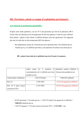III) Prévisions, calculs et compte d’exploitation prévisionnel :
A) Calcul de la production potentielle :
D’après notre étude qualitative, sur les 70 % des personnes qui font de la pâtisserie, 45 %
d’entre elles ont répondu qu’ils envisageraient de faire des gâteaux à l’aide de notre cubifruit.
Pour réaliser 1 gâteau il faut utiliser 4 cubifruit (donnée issue des agronomes). En supposant
que tous les individus ne font uniquement QUE des gâteaux :
- Des préparations sucrées de 3 desserts par mois représente donc 144 cubifruits par an.
- Sachant qu’il y a 6 cubifruits par boîtes, cela représente 24 achats d’une boîte par an.
 1 achats d’une boîte de 6 cubifruits tous les 0.5 mois (2 semaines).
Achat toutes les 2 semaines (2
consommations de 6 cubifruits par mois
pendant un an).
Quantités unitaire Cubifruit 2
fois par mois pendant un an.
Unités (boîtes/ cubifruits) 1 647 672 boîtes 9 886 032 cubifruits
Prix 2 € 3 295 344 € 0.33 € (de gagné par cubifruit)
Prix 2.5 € (prix moyen
concurrent TTC)
4 119 180 € 0.416 € (de gagné par cubifruit)
- 68 653 personnes * 24 achats par an = 1 647 672 achats d’un paquet de 6 cubifruits =
9 886 032 cubifruits par an.
- 1 647 672 paquets * 2.5 € (prix moyen concurrent TTC) = 4 119 180 € / ans.
 