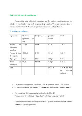 B) Calcul du coût de production :
Pour produire notre cubifruit, il est évident que des matières premières doivent être
utilisées et transformées à travers le processus de production. Vous retrouvez ainsi dans ce
tableau les différents coûts des matières premières nécessaire à cette réalisation.
1) Matières premières :
Ingrédients Quantité
(grammes ou
ml)
Prix (€)/kg ou L Quantités
utilisées
Coût
Brisures de
framboises
surgelées
750 gr 4.46 € 375 gr 1.68 €
Pomme à base
de concentré
1000 ml 1.13 € 375 ml 0.42 €
Agar-agar 50 gr 85 € 3.73 gr 0.32 €
Arôme de
framboises
60 gr 82.49 € 75.5 gr 6.23 €
Total 829.23 gr 8.64 € par kilo
de matières
utilisées
- 829 grammes correspondent à environ 9,2 fois 90 grammes, donc 9,2 fois 6 cubes.
- Le coût de 6 cubes est égal à 8,64/9,22 = 0.94 € et le coût unitaire = 0.94/6 = 0.157 €
- Prix estimé pour 100 barquettes thermoformées sécables: 2€.
- Pour une boîte de 6 cubifruits = 6 cubifruit * 0.02 € par barquette = 0.12 €.
- Film alimentaire thermoscellable pour machine à operculé pour un boîte de 6 cubifruit
= 0.00218 € (source agronomes).
 