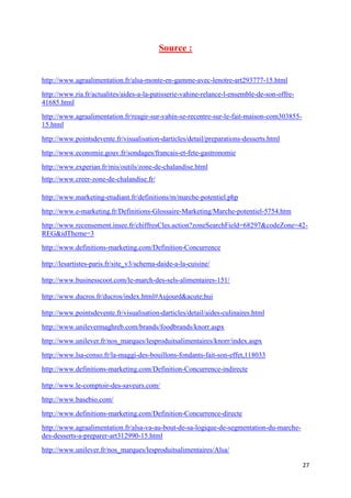 27
Source :
http://www.agraalimentation.fr/alsa-monte-en-gamme-avec-lenotre-art293777-15.html
http://www.ria.fr/actualites/aides-a-la-patisserie-vahine-relance-l-ensemble-de-son-offre-
41685.html
http://www.agraalimentation.fr/reagir-sur-vahin-se-recentre-sur-le-fait-maison-com303855-
15.html
http://www.pointsdevente.fr/visualisation-darticles/detail/preparations-desserts.html
http://www.economie.gouv.fr/sondages/francais-et-fete-gastronomie
http://www.experian.fr/mis/outils/zone-de-chalandise.html
http://www.creer-zone-de-chalandise.fr/
http://www.marketing-etudiant.fr/definitions/m/marche-potentiel.php
http://www.e-marketing.fr/Definitions-Glossaire-Marketing/Marche-potentiel-5754.htm
http://www.recensement.insee.fr/chiffresCles.action?zoneSearchField=68297&codeZone=42-
REG&idTheme=3
http://www.definitions-marketing.com/Definition-Concurrence
http://lesartistes-paris.fr/site_v3/schema-daide-a-la-cuisine/
http://www.businesscoot.com/le-march-des-sels-alimentaires-151/
http://www.ducros.fr/ducros/index.html#Aujourd&acute;hui
http://www.pointsdevente.fr/visualisation-darticles/detail/aides-culinaires.html
http://www.unilevermaghreb.com/brands/foodbrands/knorr.aspx
http://www.unilever.fr/nos_marques/lesproduitsalimentaires/knorr/index.aspx
http://www.lsa-conso.fr/la-maggi-des-bouillons-fondants-fait-son-effet,118033
http://www.definitions-marketing.com/Definition-Concurrence-indirecte
http://www.le-comptoir-des-saveurs.com/
http://www.basebio.com/
http://www.definitions-marketing.com/Definition-Concurrence-directe
http://www.agraalimentation.fr/alsa-va-au-bout-de-sa-logique-de-segmentation-du-marche-
des-desserts-a-preparer-art312990-15.html
http://www.unilever.fr/nos_marques/lesproduitsalimentaires/Alsa/
 