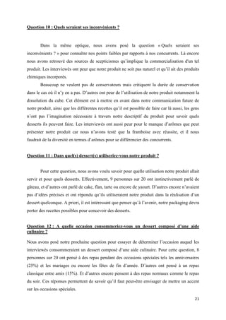 21
Question 10 : Quels seraient ses inconvénients ?
Dans la même optique, nous avons posé la question « Quels seraient ses
inconvénients ? » pour connaître nos points faibles par rapports à nos concurrents. Là encore
nous avons retrouvé des sources de scepticismes qu’implique la commercialisation d'un tel
produit. Les interviewés ont peur que notre produit ne soit pas naturel et qu’il ait des produits
chimiques incorporés.
Beaucoup ne veulent pas de conservateurs mais critiquent la durée de conservation
dans le cas où il n’y en a pas. D’autres ont peur de l’utilisation de notre produit notamment la
dissolution du cube. Cet élément est à mettre en avant dans notre communication future de
notre produit, ainsi que les différentes recettes qu’il est possible de faire car là aussi, les gens
n’ont pas l’imagination nécessaire à travers notre descriptif du produit pour savoir quels
desserts ils peuvent faire. Les interviewés ont aussi peur pour le manque d’arômes que peut
présenter notre produit car nous n’avons testé que la framboise avec réussite, et il nous
faudrait de la diversité en termes d’arômes pour se différencier des concurrents.
Question 11 : Dans quel(s) dessert(s) utiliseriez-vous notre produit ?
Pour cette question, nous avons voulu savoir pour quelle utilisation notre produit allait
servir et pour quels desserts. Effectivement, 9 personnes sur 20 ont instinctivement parlé de
gâteau, et d’autres ont parlé de cake, flan, tarte ou encore de yaourt. D’autres encore n’avaient
pas d’idées précises et ont répondu qu’ils utiliseraient notre produit dans la réalisation d’un
dessert quelconque. A priori, il est intéressant que penser qu’à l’avenir, notre packaging devra
porter des recettes possibles pour concevoir des desserts.
Question 12 : A quelle occasion consommeriez-vous un dessert composé d’une aide
culinaire ?
Nous avons posé notre prochaine question pour essayer de déterminer l’occasion auquel les
interviewés consommeraient un dessert composé d’une aide culinaire. Pour cette question, 8
personnes sur 20 ont pensé à des repas pendant des occasions spéciales tels les anniversaires
(25%) et les mariages ou encore les fêtes de fin d’année. D’autres ont pensé à un repas
classique entre amis (15%). Et d’autres encore pensent à des repas normaux comme le repas
du soir. Ces réponses permettent de savoir qu’il faut peut-être envisager de mettre un accent
sur les occasions spéciales.
 