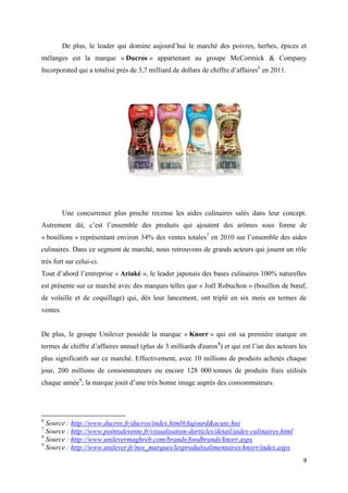 9
De plus, le leader qui domine aujourd’hui le marché des poivres, herbes, épices et
mélanges est la marque « Ducros » appartenant au groupe McCormick & Company
Incorporated qui a totalisé près de 3,7 milliard de dollars de chiffre d’affaires6
en 2011.
Une concurrence plus proche recense les aides culinaires salés dans leur concept.
Autrement dit, c’est l’ensemble des produits qui ajoutent des arômes sous forme de
« bouillons » représentant environ 34% des ventes totales7
en 2010 sur l’ensemble des aides
culinaires. Dans ce segment de marché, nous retrouvons de grands acteurs qui jouent un rôle
très fort sur celui-ci.
Tout d’abord l’entreprise « Ariaké », le leader japonais des bases culinaires 100% naturelles
est présente sur ce marché avec des marques telles que « Joël Robuchon » (bouillon de bœuf,
de volaille et de coquillage) qui, dès leur lancement, ont triplé en six mois en termes de
ventes.
De plus, le groupe Unilever possède la marque « Knorr » qui est sa première marque en
termes de chiffre d’affaires annuel (plus de 3 milliards d'euros8
) et qui est l’un des acteurs les
plus significatifs sur ce marché. Effectivement, avec 10 millions de produits achetés chaque
jour, 200 millions de consommateurs ou encore 128 000 tonnes de produits frais utilisés
chaque année9
; la marque jouit d’une très bonne image auprès des consommateurs.
6
Source : http://www.ducros.fr/ducros/index.html#Aujourd&acute;hui
7
Source : http://www.pointsdevente.fr/visualisation-darticles/detail/aides-culinaires.html
8
Source : http://www.unilevermaghreb.com/brands/foodbrands/knorr.aspx
9
Source : http://www.unilever.fr/nos_marques/lesproduitsalimentaires/knorr/index.aspx
 