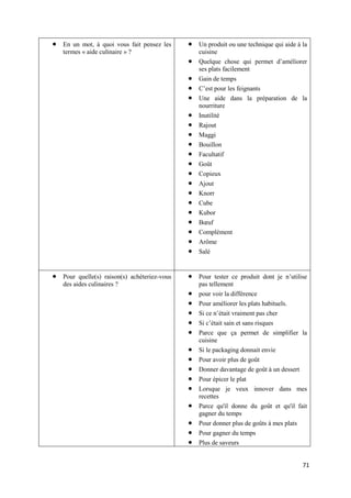71
 En un mot, à quoi vous fait pensez les
termes « aide culinaire » ?
 Un produit ou une technique qui aide à la
cuisine
 Quelque chose qui permet d’améliorer
ses plats facilement
 Gain de temps
 C’est pour les feignants
 Une aide dans la préparation de la
nourriture
 Inutilité
 Rajout
 Maggi
 Bouillon
 Facultatif
 Goût
 Copieux
 Ajout
 Knorr
 Cube
 Kubor
 Bœuf
 Complément
 Arôme
 Salé
 Pour quelle(s) raison(s) achèteriez-vous
des aides culinaires ?
 Pour tester ce produit dont je n’utilise
pas tellement
 pour voir la différence
 Pour améliorer les plats habituels.
 Si ce n’était vraiment pas cher
 Si c’était sain et sans risques
 Parce que ça permet de simplifier la
cuisine
 Si le packaging donnait envie
 Pour avoir plus de goût
 Donner davantage de goût à un dessert
 Pour épicer le plat
 Lorsque je veux innover dans mes
recettes
 Parce qu'il donne du goût et qu'il fait
gagner du temps
 Pour donner plus de goûts à mes plats
 Pour gagner du temps
 Plus de saveurs
 
