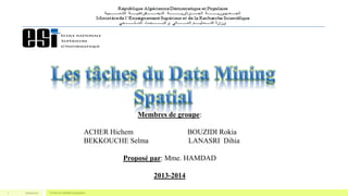 19/04/2015 Taches du dataMining Spatial1
Membres de groupe:
ACHER Hichem BOUZIDI Rokia
BEKKOUCHE Selma LANASRI Dihia
Proposé par: Mme. HAMDAD
2013-2014
 