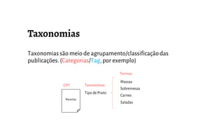 Taxonomias são meio de agrupamento/classificaçãodas
publicações.(Categorias/Tag,por exemplo)
Receitas
Tipo de Prato
TaxonomiasCPT
Termos
Massas
Sobremesas
Carnes
Saladas
 