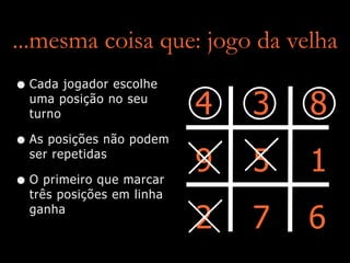 ...mesma coisa que: jogo da velha
• Cada jogador escolhe
uma posição no seu
turno
• As posições não podem
ser repetidas
• O primeiro que marcar
três posições em linha
ganha
4 3 8
9 5
7
1
2 6
 
