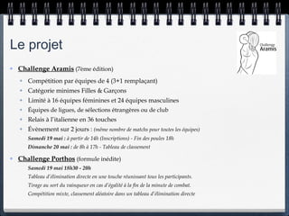 Le projet
✤   Challenge Aramis (7ème édition)
    ✤   Compétition par équipes de 4 (3+1 remplaçant)
    ✤   Catégorie minimes Filles & Garçons
    ✤   Limité à 16 équipes féminines et 24 équipes masculines
    ✤   Équipes de ligues, de sélections étrangères ou de club
    ✤   Relais à l’italienne en 36 touches
    ✤   Évènement sur 2 jours : (même nombre de matchs pour toutes les équipes)
    ✤   Samedi 19 mai : à partir de 14h (Inscriptions) - Fin des poules 18h
    ✤   Dimanche 20 mai : de 8h à 17h - Tableau de classement

✤   Challenge Porthos (formule inédite)
    ✤   Samedi 19 mai 18h30 - 20h
    ✤   Tableau d’élimination directe en une touche réunissant tous les participants.
    ✤   Tirage au sort du vainqueur en cas d’égalité à la fin de la minute de combat.
    ✤   Compétition mixte, classement aléatoire dans un tableau d’élimination directe
 