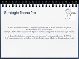 Stratégie financière


      Il nous est imposé de rendre un budget à l’équilibre, afin de ne pas amputer le budget de
                               fonctionnement de la section escrime.
Le projet CNDS, obtenu chaque année depuis sa création, nous permet de réaliser un léger bénéfice.

    La demande, effectuée en avril dernier nous a permis d’obtenir une subvention de 1000€.
Cette somme nous permet généralement de faire les dépenses préalables au déroulement du projet.
 