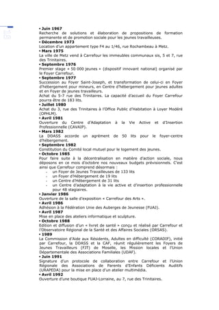  Juin 1967
Recherche de solutions et élaboration de propositions de formation
permanente et de promotion sociale pour les jeunes travailleuses.
 Décembre 1973
Location d’un appartement type F4 au 1/46, rue Rochambeau à Metz.
 Mars 1975
La ville de Metz vend à Carrefour les immeubles communaux sis, 5 et 7, rue
des Trinitaires.
 Septembre 1976
Premier stage « 50 000 jeunes » (dispositif innovant national) organisé par
le Foyer Carrefour.
 Septembre 1977
Succession au Foyer Saint-Joseph, et transformation de celui-ci en Foyer
d’hébergement pour mineurs, en Centre d’hébergement pour jeunes adultes
et en Foyer de jeunes travailleurs.
Achat du 5-7 rue des Trinitaires. La capacité d’accueil du Foyer Carrefour
pourra être de 183 lits.
 Juillet 1980
Achat du 3, rue des Trinitaires à l’Office Public d’Habitation à Loyer Modéré
(OPHLM).
 Avril 1981
Ouverture du Centre d’Adaptation à la Vie Active et d’Insertion
Professionnelle (CAVAIP).
 Mars 1982
La DDASS accorde un agrément de 50 lits pour le foyer-centre
d’hébergement.
 Septembre 1982
Constitution du Comité local mutuel pour le logement des jeunes.
 Octobre 1985
Pour faire suite à la décentralisation en matière d’action sociale, nous
déposons en ce mois d’octobre nos nouveaux budgets prévisionnels. C’est
ainsi que Carrefour comprend désormais :
- un Foyer de Jeunes Travailleuses de 133 lits
- un Foyer d’Hébergement de 19 lits
- un Centre d’Hébergement de 31 lits
- un Centre d’adaptation à la vie active et d’insertion professionnelle
pour 48 stagiaires.
 Janvier 1986
Ouverture de la salle d’exposition « Carrefour des Arts ».
 Avril 1986
Adhésion à la Fédération Unie des Auberges de Jeunesse (FUAJ).
 Avril 1987
Mise en place des ateliers informatique et sculpture.
 Octobre 1988
Edition et diffusion d’un « livret de santé » conçu et réalisé par Carrefour et
l’Observatoire Régional de la Santé et des Affaires Sociales (ORSAS).
 1989
La Commission d’Aide aux Résidents, Adultes en difficulté (CORADIF), initié
par Carrefour, la DDASS et la CAF, réunit régulièrement les Foyers de
Jeunes Travailleurs (FJT) de Moselle, les Mission locales et l’Union
Départementale des Associations Familiales (UDAF).
 Juin 1991
Signature d’un protocole de collaboration entre Carrefour et l’Union
Régionale des Associations de Parents d’Enfants Déficients Auditifs
(URAPEDA) pour la mise en place d’un atelier multimédia.
 Avril 1992
Ouverture d’une boutique FUAJ-Lorraine, au 7, rue des Trinitaires.
 