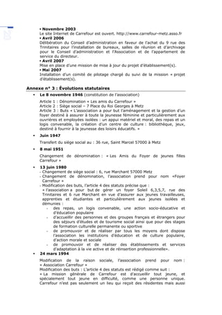  Novembre 2003
Le site Internet de Carrefour est ouvert. http://www.carrefour-metz.asso.fr
 Avril 2006
Délibération du Conseil d’administration en faveur de l’achat du 9 rue des
Trinitaires pour l’installation de bureaux, salles de réunion et d’archivage
pour le Conseil d’administration et l’Association et de l’appartement de
service du directeur.
 Avril 2007
Mise en place d’une mission de mise à jour du projet d’établissement(s).
 Mai 2007
Installation d’un comité de pilotage chargé du suivi de la mission « projet
d’établissement(s).
Annexe n° 3 : Évolutions statutaires
 Le 8 novembre 1946 (constitution de l’association)
Article 1 : Dénomination « Les amis du Carrefour »
Article 2 : Siège social – 7 Place du Roi Georges à Metz
Article 3 : Buts « L’association a pour but l’aménagement et la gestion d’un
foyer destiné à assurer à toute la jeunesse féminine et particulièrement aux
ouvrières et employées isolées : un appui matériel et moral, des repas et un
logis convenable, la création d’un centre de culture : bibliothèque, jeux,
destiné à fournir à la jeunesse des loisirs éducatifs. »
 Juin 1947
Transfert du siège social au : 36 rue, Saint Marcel 57000 à Metz
 8 mai 1951
Changement de dénomination : « Les Amis du Foyer de jeunes filles
Carrefour »
 13 juin 1980
- Changement de siège social : 6, rue Marchant 57000 Metz
- Changement de dénomination, l’association prend pour nom «Foyer
Carrefour »
- Modification des buts, l’article 4 des statuts précise que :
« l’association a pour but de gérer un foyer Soleil 6,3,5,7, rue des
Trinitaires et 6 rue Marchant en vue d’assurer aux jeunes travailleuses,
apprenties et étudiantes et particulièrement aux jeunes isolées et
démunies :
- des repas, un logis convenable, une action socio-éducative et
d’éducation populaire
- d’accueillir des personnes et des groupes français et étrangers pour
des séjours d’études et de tourisme social ainsi que pour des stages
de formation culturelle permanente ou sportive
- de promouvoir et de réaliser par tous les moyens dont dispose
l’association les institutions d’éducation et de culture populaire,
d’action morale et sociale
- de promouvoir et de réaliser des établissements et services
d’adaptation à la vie active et de réinsertion professionnelle».
 24 mars 1994
Modification de la raison sociale, l’association prend pour nom :
« Association Carrefour »
Modification des buts : L’article 4 des statuts est rédigé comme suit :
« La mission générale de Carrefour est d’accueillir tout jeune, et
spécialement tout jeune en difficulté, comme une personne unique.
Carrefour n’est pas seulement un lieu qui reçoit des résidentes mais aussi
 