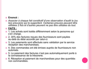  Enoncé :
 Associer à chaque fait constitutif d’une observation d’audit la (ou
les) preuve(s) qui la supportent. Certaines preuves peuvent être
utilisées 2 fois et d’autres peuvent ne pas être utilisées du tout.
 FAITS :
 1. Les achats sont traités différemment selon la personne qui
s’en charge.
 2. 30% des factures reçues des fournisseurs sont payées
au‐delà du délai accordé par celui‐ci.
 3. Les paiements sont effectués sans validation par le service
réception des marchandises.
 4. Des commandes ont été émises auprès de fournisseurs non
autorisés.
 5. Le paiement des factures n’est pas automatiquement porté à
la connaissance de la trésorerie.
 6. Réception et paiement de marchandises pour des quantités
non commandées.
 
