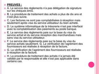  PREUVES :
 A. Le service des règlements n’a pas délégation de signature
sur les chèques émis.
 B. La procédure de traitement des achats a plus de dix ans et
n’est plus suivie.
 C. Les factures ne sont pas comptabilisées à réception mais
seulement après visa du service utilisateur du bien acheté.
 D. Le système informatique de la trésorerie n’est pas interfacé
avec la comptabilisation des paiements au poste banque.
 E. Le service des règlements paie sur la base du visa du
service achat et du service réception des marchandises mais
sans visa du service utilisateur.
 F. Le service des règlements paie sur la base du visa du
service achats seulement. G. La vérification de l’agrément des
fournisseurs est réalisée à réception de la facture.
 G. La vérification de l’agrément des fournisseurs est réalisée
à réception de la facture.
 H. La procédure de traitement des achats n’a jamais été
validée par le responsable et elle n’est pas applicable dans
certains cas.
 
