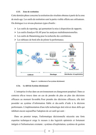 10
1.5.5. Zone de restitution
Cette dernière phase concerne la restitution des résultats obtenus à partir de la zone
de stock-age. Les outils de restitution sont la partie visible offerte aux utilisateurs.
On distingue à ce niveau plusieurs types d'outils :
➢ Les outils de reporting qui permettent la mise à disposition de rapports.
➢ Les outils d'analyse OLAP pour les analyses multidimensionnelles.
➢ Les outils de Datamining pour la recherche des corrélations.
➢ Les tableaux de bord afin de piloter la performance.
Figure 4 : Architecture d’un système décisionnel.
1.5.6. Le défi du Système décisionnel
L’entreprise évolue dans un environnement en changement perpétuel. Dans ce
contexte ellese trouve dans un cas de prendre de plus en plus des décisions
efficaces au moment favorable.Pour prendre des décisions efficaces, elle doit
posséder un système d’information fiable et des outils d’aide à la décision
performants. L'implémentation d'une telle technologie doit relever deux défis qui
inhibent encore aujourd'hui l'adoption de cet outil qui sont :
Dans un premier temps, l'informatique décisionnelle nécessite une forte
expertise technique et exige le recours à des logiciels optimisés et fortement
intégrés à l'infrastructure existante : systèmes d'exploitation, systèmes de gestion
 