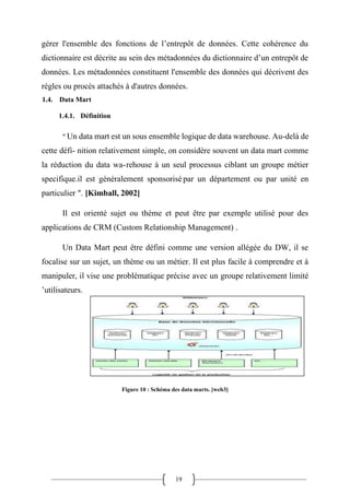 19
gérer l'ensemble des fonctions de l’entrepôt de données. Cette cohérence du
dictionnaire est décrite au sein des métadonnées du dictionnaire d’un entrepôt de
données. Les métadonnées constituent l'ensemble des données qui décrivent des
règles ou procès attachés à d'autres données.
1.4. Data Mart
1.4.1. Définition
″ Un data mart est un sous ensemble logique de data warehouse. Au-delà de
cette défi- nition relativement simple, on considère souvent un data mart comme
la réduction du data wa-rehouse à un seul processus ciblant un groupe métier
specifique.il est généralement sponsorisé par un département ou par unité en
particulier ″. [Kimball, 2002]
Il est orienté sujet ou thème et peut être par exemple utilisé pour des
applications de CRM (Custom Relationship Management) .
Un Data Mart peut être défini comme une version allégée du DW, il se
focalise sur un sujet, un thème ou un métier. Il est plus facile à comprendre et à
manipuler, il vise une problématique précise avec un groupe relativement limité
’utilisateurs.
Figure 10 : Schéma des data marts. [web3]
 