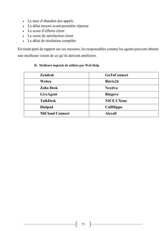 53
• Le taux d’abandon des appels
• Le délai moyen avant-première réponse
• Le score d’efforts client
• Le score de satisfaction client
• Le délai de résolution complète
En tirant parti de rapport sur ces mesures, les responsables comme les agents peuvent obtenir
une meilleure vision de ce qu’ils doivent améliorer.
H. Meilleurs logiciels de utilisés par Web Help
Zendesk GoToConnect
Webex Bitrix24
Zoho Desk Nextiva
LiveAgent Ringove
TalkDesk NICE CXone
Dialpad CallHippo
MiCloud Connect Aircall
 