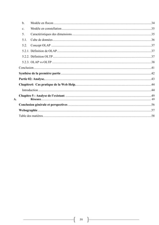 59
b. Modèle en flocon..........................................................................................................................34
c. Modèle en constellation................................................................................................................35
5. Caractéristiques des dimensions...................................................................................................35
5.1. Cube de données...........................................................................................................................36
5.2. Concept OLAP .............................................................................................................................37
5.2.1. Définition de OLAP......................................................................................................................37
5.2.2. Définition OLTP...........................................................................................................................37
5.2.3. OLAP vs OLTP ............................................................................................................................38
Conclusion...................................................................................................................................................41
Synthèse de la première partie.................................................................................................................42
Partie 02: Analyse......................................................................................................................................43
Chapitre4: Cas pratique de la Web Help...............................................................................................44
Introduction .............................................................................................................................................44
Chapitre 5 : Analyse de l’existant............................................................................................................49
A. Réseaux..................................................................................................................................................... 49
Conclusion générale et perspectives ........................................................................................................56
Webographie..............................................................................................................................................57
Table des matières.......................................................................................................................................58
 