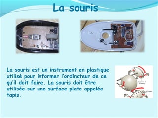 La souris est un instrument en plastique
utilisé pour informer l’ordinateur de ce
qu’il doit faire. La souris doit être
utilisée sur une surface plate appelée
tapis.
La souris
 