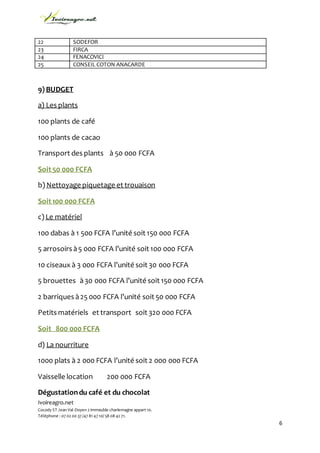 Ivoireagro.net
Cocody ST Jean Val-Doyen 2 immeuble charlemagne appart 10.
Téléphone : 07 02 00 37 /47 81 47 10/ 58 08 42 71.
6
22 SODEFOR
23 FIRCA
24 FENACOVICI
25 CONSEIL COTON ANACARDE
9) BUDGET
a) Les plants
100 plants de café
100 plants de cacao
Transport des plants à 50 000 FCFA
Soit 50 000 FCFA
b) Nettoyage piquetage et trouaison
Soit 100 000 FCFA
c) Le matériel
100 dabas à 1 500 FCFA l’unité soit 150 000 FCFA
5 arrosoirs à5 000 FCFA l’unité soit 100 000 FCFA
10 ciseaux à 3 000 FCFA l’unité soit 30 000 FCFA
5 brouettes à30 000 FCFA l’unité soit 150 000 FCFA
2 barriques à25 000 FCFA l’unité soit 50 000 FCFA
Petits matériels et transport soit 320 000 FCFA
Soit 800 000 FCFA
d) La nourriture
1000 plats à 2 000 FCFA l’unité soit 2 000 000 FCFA
Vaisselle location 200 000 FCFA
Dégustationdu café et du chocolat
 