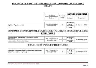 Calendrier des concours administratifs session 2014
Page 12
DIPLOMES DE L’INSTITUT PANAFRICAIN D’ECONOMIE COOPERATIVE
(BEN...