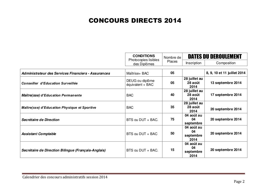 Calendrier Concours de la Fonction Publique session 2014
