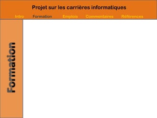 Projet sur les carrières informatiques
Intro   Formation   Emplois   Commentaires   Références
 