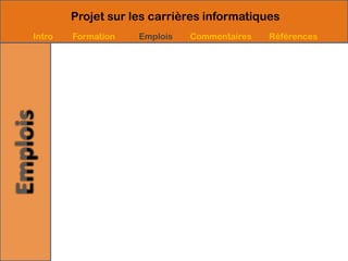 Projet sur les carrières informatiques
Intro   Formation   Emplois   Commentaires   Références
 