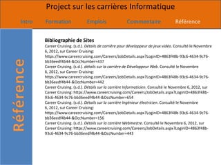 Project sur les carrières Informatique
Intro   Formation               Emplois                Commentaire                 Référence


        Bibliographie de Sites
        Career Cruising. (s.d.). Détails de carrière pour développeur de jeux vidéo. Consulté le Novembre
        6, 2012, sur Career Cruising:
        https://www.careercruising.com/Careers/JobDetails.aspx?LoginID=4863f48b-93c6-4634-9c76-
        bb36eedf4b44-&OccNumber=437
        Career Cruising. (s.d.). détails sur la carrière de Développeur Web. Consulté le Novembre
        6, 2012, sur Career Cruising:
        https://www.careercruising.com/Careers/JobDetails.aspx?LoginID=4863f48b-93c6-4634-9c76-
        bb36eedf4b44-&OccNumber=442
        Career Cruising. (s.d.). Détails sur la carrière Informaticien. Consulté le Novembre 6, 2012, sur
        Career Cruising: https://www.careercruising.com/Careers/JobDetails.aspx?LoginID=4863f48b-
        93c6-4634-9c76-bb36eedf4b44-&OccNumber=654
        Career Cruising. (s.d.). Détails sur la carrière Ingénieur électricien. Consulté le Novembre
        6, 2012, sur Career Cruising:
        https://www.careercruising.com/Careers/JobDetails.aspx?LoginID=4863f48b-93c6-4634-9c76-
        bb36eedf4b44-&OccNumber=156
        Career Cruising. (s.d.). Détails sur la carrière Webmestre. Consulté le Novembre 6, 2012, sur
        Career Cruising: https://www.careercruising.com/Careers/JobDetails.aspx?LoginID=4863f48b-
        93c6-4634-9c76-bb36eedf4b44-&OccNumber=443
 