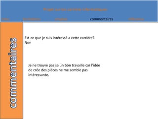 Est-ce que je suis intéressé a cette carrière? NonJe ne trouve pas sa un bon travaille car l’idée de crée des pièces ne me semble pas intéressante.