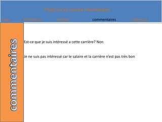 Est-ce que je suis intéressé a cette carrière? NonJe ne suis pas intéressé car le salaire et la carrière n’est pas très bon