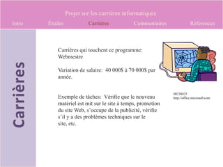 Projet sur les carrières informatiques
Intro   Études            Carrières           Commentaires               Références



           Carrières qui touchent ce programme:
           Webmestre

           Variation de salaire: 40 000$ à 70 000$ par
           année.

                                                             00230425
           Exemple de tâches: Vérifie que le nouveau         http://office.microsoft.com
           matériel est mit sur le site à temps, promotion
           du site Web, s’occupe de la publicité, vérifie
           s’il y a des problèmes techniques sur le
           site, etc.
 