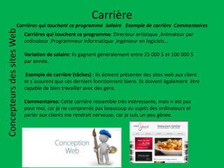 Carrière
Carrières qui touchent ce programme Salaire Exemple de carrière Commentaires
ConcepteursdessitesWeb
Carrières qui touchent ce programme: Directeur artistique ,Animateur par
ordinateur ,Programmeur informatique ,Ingénieur en logiciels…
Variation de salaire: Ils gagnent généralement entre 25 000 $ et 100 000 $
par année.
Exemple de carrière (tâches) : Ils doivent présenter des sites web aux client
et s`assurent que ces derniers fonctionnent biens. Ils doivent également être
capable de bien travailler avec des gens.
Commentaires: Cette carrière ressemble très intéressante, mais n`est pas
pour moi, car je ne comprends pas beaucoup au sujets des ordinateurs et
parler aux clients me rendrait nerveuse, car je suis un peu gênée.
 