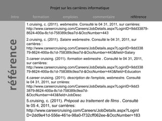 1.cruising, c. (2011). webmestre. Consulté le 04 31, 2011, sur carrières: http://www.careercruising.com/Careers/JobDetails.aspx?LoginID=9dd33879-8624-400a-8c1d-758389c9ea7d-&OccNumber=4432.cruising, c. (2011). Salaire webmestre. Consulté le 04 31, 2011, sur carrières : http://www.careercruising.com/Careers/JobDetails.aspx?LoginID=9dd33879-8624-400a-8c1d-758389c9ea7d-&OccNumber=443&field=Salary3.careercruising. (2011). formation webmestre . Consulté le 04 31, 2011, sur carrières: http://www.careercruising.com/Careers/JobDetails.aspx?LoginID=9dd33879-8624-400a-8c1d-758389c9ea7d-&OccNumber=443&field=Education4.careercruising. (2011). description de l'emploie, webmestre. Consulté le 04 31, 2011, sur crrières: http://www.careercruising.com/Careers/JobDetails.aspx?LoginID=9dd33879-8624-400a-8c1d-758389c9ea7d-&OccNumber=443&field=JobDesc5.cruising, c. (2011). Préposé au traitement de films . Consulté le 05 4, 2011, sur carrières: http://www.careercruising.com/Careers/JobDetails.aspx?LoginID=2dd9e41d-556e-461e-98a0-f732cff062ee-&OccNumber=183