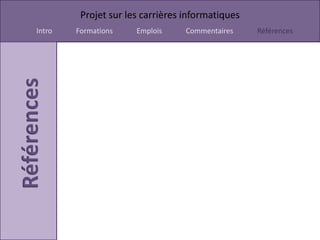 Projet sur les carrières informatiques
Intro   Formations    Emplois     Commentaires    Références
 
