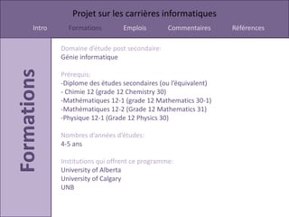 Projet sur les carrières informatiques
Intro     Formations         Emplois        Commentaires    Références

        Domaine d’étude post secondaire:
        Génie informatique

        Prérequis:
        -Diplome des études secondaires (ou l’équivalent)
        - Chimie 12 (grade 12 Chemistry 30)
        -Mathématiques 12-1 (grade 12 Mathematics 30-1)
        -Mathématiques 12-2 (Grade 12 Mathematics 31)
        -Physique 12-1 (Grade 12 Physics 30)

        Nombres d’années d’études:
        4-5 ans

        Institutions qui offrent ce programme:
        University of Alberta
        University of Calgary
        UNB
 