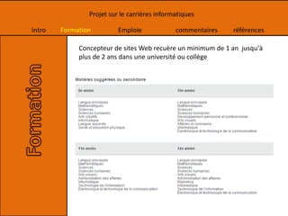 Intro Formation Emploie commentaires références
Projet sur le carrières informatiques
Concepteur de sites Web recuère un minimum de 1 an jusqu'à
plus de 2 ans dans une université ou collège
 
