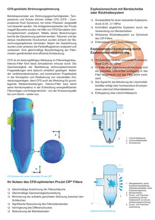 CFD-gestützte Strömungsoptimierung                              Explosionsschutz mit Berstscheibe
                                                                oder Rückhaltesystem
Betriebsparameter wie Strömungsgeschwindigkeiten, Tem-
peraturen und Drücke können mittels CFD (CFD - Com-              Druckstoßfest für einen reduzierten Explosions-
putational Fluid Dynamics) mit hoher Präzision dargestellt         druck (0.04...0.1 MPa)
und bewertet werden. Die Anlagenkomponenten der ProJet           Kontrolliert abgeführte Explosion durch die
mega® Baureihe wurden mit Hilfe von CFD-Simulation strö-
                                                                   Verwendung von Berstscheiben
mungstechnisch analysiert. Mittels dieser Berechnungen
                                                                 Wirksames Rückhaltesystem zur Sicherheit
konnte die Gasströmung optimiert werden. Totzonen und der
                                                                   des CIP-Filters
daraus resultierende Druckverlust wurden anhand der Be-
rechnungsergebnisse vermieden. Neben der Gasströmung             Entkopplung über Löschmittelsperre
wurden unter anderem die Partikelflugbahnen analysiert und
verbessert. Eine gleichmäßige Beaufschlagung der Filter-        Explosionsdruckentlastung durch
medien gewährleistet eine effiziente Entstaubung.               Explosionsunterdrückung

CFD ist ein leistungsfähiges Werkzeug im Filteranlagenbau.       Druckstoßfest für einen reduzierten Explosions-
Intensiv-Filter führt diese Simulationen inhouse durch. Die        druck (0.04...0.1 MPa)
Geschwindigkeit der Bearbeitung strömungstechnischer             Im Falle einer Explosionsunterdrückung wird
Fragestellungen wird dadurch erheblich gesteigert. Neben           ein spezielles Löschmittel schlagartig in das
der verfahrenstechnischen und konstruktiven Projektarbeit          Filter eingebracht und das Filter somit inerti-
in der Konzeption und Realisierung von industriellen Ent-          siertt
staubungsanlagen, dient CFD auch als Werkzeug für grund-
                                                                 Das Signal für die Aktivierung der Löschmittel-
legende Weiterentwicklungen. Intensiv-Filter baut damit
                                                                   behälter erfolgt über hochsensitive Drucksen-
seine Kernkompetenz in der Entwicklung energieeffizienter
                                                                   soren oder/und Infrarotdetektoren
Filteranlagen und Anlagentechnik - von der Emissionsquelle
bis zum Kamin - weiter aus.                                      Entkopplung über Löschmittelsperre




                                                                                               1	 Löschmittelsperre
                                                                                               2	 Löschmittelbehälter
                                                                                               3	 Drucksensor
                                                                Explosionsunterdrückung




CFD-Analyse der neuen Generation ProJet CIP®

Ihr Nutzen des CFD-optimierten ProJet CIP® Filters                                             1	 Reingasbereich, keine
                                                                                                  Explosionsausbreitung
                                                                                                  (Staubkonzentration unter
 Gleichmäßige Anströmung der Filterschläuche                                                    Explosionsgrenze)
 Gleichmäßige Geschwindigkeitsverteilung                                                     2	 Berstscheiben
                                                                                               3	 Druck- und Flammen-
 Minimierung der aufwärts gerichteten Strömung zwischen den                                     ausbreitung (Sicher-
   Schläuchen                                                                                     heitsbereich vor Druck-
                                                                                                  entlastungseinrichtung)
 Signifikante Reduzierung des Filterwiderstandes                                             4	 Druck- und Flammen-
 Verringerung des Differenzdruckes                                                              ausbreitung

 Reduzierung der Betriebskosten                               Explosionsdruckentlastung
 