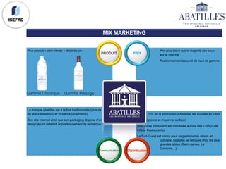 Prix plus élevé que la majorité des eaux
sur le marché
Positionnement assumé de haut de gamme
Plus produit « zéro nitrate » déclinée en :
70% de la production d’Abatilles est écoulée en GMS
(grande et moyenne surface).
30% de sa production est distribuée auprès des CHR (Café
Hôtels Restaurants).
Le Sud-Ouest est connu pour sa gastronomie et son art
culinaire. Abatilles se retrouve chez les plus
grandes tables (Saint-James, La
Corniche…)
La marque Abatilles est à la fois traditionnelle (plus de
90 ans d’existence) et moderne (graphisme).
Son site Internet ainsi que son packaging dispose d’un
design épuré reflétant le positionnement de la marque.
MIX MARKETING
PRODUIT PRIX
DistributionCommunication
Gamme Classique Gamme Prestige
 
