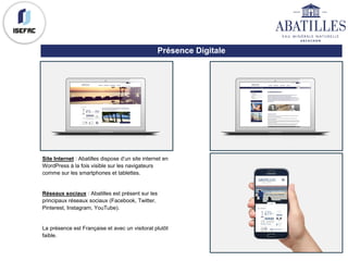 Présence Digitale
Site Internet : Abatilles dispose d’un site internet en
WordPress à la fois visible sur les navigateurs
comme sur les smartphones et tablettes.
Réseaux sociaux : Abatilles est présent sur les
principaux réseaux sociaux (Facebook, Twitter,
Pinterest, Instagram, YouTube).
La présence est Française et avec un visitorat plutôt
faible.
 