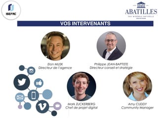 VOS INTERVENANTS
Elon MUSK
Directeur de l’agence
Philippe JEAN-BAPTISTE
Directeur conseil et stratégie
Mark ZUCKERBERG
Chef de projet digital
Amy CUDDY
Community Manager
 