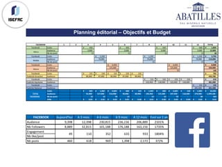 Planning éditorial – Objectifs et Budget
FACEBOOK Aujourd'hui A	3	mois A	6	mois A	9	mois A	12	mois Evol	sur	1	an
Audience 9,398											 12,398									 230,815							 236,156						 206,889						 2101%
Nb	Followers 8,889											 32,815									 101,188							 176,188						 163,156						 1735%
Engagement
Nb	like/post
Nb	posts 460														 618															 969															 1,398											 2,172											 372%
49																 110															 352															 633														 933														 1804%
1 2 3 4 5 6 7 8 9 10 11 12 TOTAL
Facebook Coûts 450€							 	 450€						 	 450€							 	 500€						 	 1,850€						 	
Audience 3,000						 	 3,000						 	 3,000						 	 3,000						 	 12,000							 	
Nb	de	posts 15 15 15 15 60														 	
Facebook Coûts 1,250€				 	 1,250€			 	 1,250€			 	 3,750€						 	
Audience 70,000				 	 70,000				 	 70,000				 	 210,000					 	
Nb	de	posts 15 15 15 45														 	
Facebook Coûts 4,450€			 	 4,450€			 	 8,900€						 	
Audience 125,000			 125,000			 250,000					 	
Nb	de	posts 70 70 140												 	
Facebook Coûts 155€							 	 150€							 	 155€						 	 150€						 	 155€							 	 765€									 	
Publicité	Arcachon Audience 89,900				 	 87,000				 	 89,900				 	 87,000				 	 89,900				 	 443,700					 	
Facebook Coûts 155€						 	 150€							 	 155€						 	 150€							 	 610€									 	
Publicité	Aquitaine Audience 122,450			 118,500			 122,450			 118,500			 481,900					 	
Facebook Coûts 155€						 	 155€									 	
Publicité	National Audience 201,500			 201,500					 	
Coûts 605€							 	 1,400€				 	 4,605€			 	 600€						 	 155€							 	 1,405€			 	 600€							 	 4,605€			 	 150€							 	 1,905€			 	 16,030€				 	
Audience 92,900				 	 157,000			 214,900			 90,000				 	 89,900				 	 192,450			 121,500			 247,450			 118,500			 274,500			 1,599,100			
Nb	de	posts 15											 	 15											 	 70											 	 15											 	 -										 	 15											 	 15											 	 70											 	 -										 	 30											 	 245												 	
CPM 0.01€						 	 0.01€						 	 0.02€					 	 0.01€					 	 0.00€						 	 0.01€					 	 0.00€						 	 0.02€					 	 0.00€						 	 0.01€					 	 0.01€								 	
TOTAL	
FACEBOOK
FACEBOOK
Micro
Middle
Macro
 