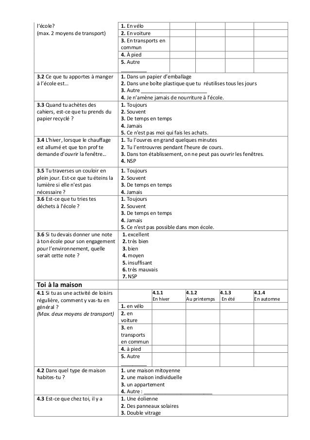 Questionnaire sur le mode vie Questionnaire sur le mode vie