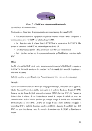 21 
Figure 7 – NodeB avec antenne omnidirectionnelle 
Les interfaces de communication : 
Plusieurs types d’interfaces de communication coexistent au sein du réseau UMTS : 
 Uu : Interface entre un équipement usager et le réseau d’accès UTRAN. Elle permet la 
communication avec l’UTRAN via la technologie CDMA. 
 Iu : Interface entre le réseau d’accès UTRAN et le réseau coeur de l’UMTS. Elle 
permet au contrôleur radio RNC de communiquer avec le SGSN. 
 Iur : Interface qui permet à deux contrôleurs radio RNC de communiquer. 
 Iub : Interface qui permet la communication entre un NodeB et un contrôleur radio 
RNC. 
RNC : 
Le rôle principal du RNC est de router les communications entre le NodeB et le réseau coeur 
de l’UMTS. Il travaille au niveau des couches 2 et 3 du modèle OSI (contrôle de puissance, 
allocation de codes). 
Le RNC constitue le point d’accès pour l’ensemble des services vis-à-vis du réseau coeur. 
Exemple : 
Lorsqu’une communication est établie par un équipement usager, une connexion de type RRC 
(Radio Resource Control) est établie entre celui-ci et un RNC du réseau d’accès UTRAN. 
Dans ce cas de figure, le RNC concerné est appelé SRNC (Serving RNC). Si l’usager se 
déplace dans le réseau, il est éventuellement amené à changer de cellule en cours de 
communication. Il est d’ailleurs possible que l’usager change de NodeB vers un NodeB ne 
dépendant plus de son SRNC. Le RNC en charge de ces cellules distantes est appelé « 
controlling RNC ». Le RNC distant est appelé « drift RNC » du point de vue RRC. Le « drift 
RNC » a pour fonction de router les données échangées entre le SRNC et l’équipement 
usager. 
 