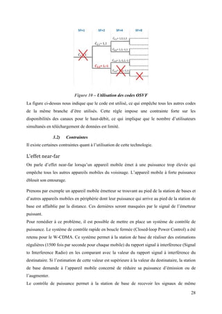 28 
Figure 10 – Utilisation des codes OSVF 
La figure ci-dessus nous indique que le code est utilisé, ce qui empêche tous les autres codes 
de la même branche d’être utilisés. Cette règle impose une contrainte forte sur les 
disponibilités des canaux pour le haut-débit, ce qui implique que le nombre d’utilisateurs 
simultanés en téléchargement de données est limité. 
3.2) Contraintes 
Il existe certaines contraintes quant à l’utilisation de cette technologie. 
L'effet near-far 
On parle d’effet near-far lorsqu’un appareil mobile émet à une puissance trop élevée qui 
empêche tous les autres appareils mobiles du voisinage. L’appareil mobile à forte puissance 
éblouit son entourage. 
Prenons par exemple un appareil mobile émetteur se trouvant au pied de la station de bases et 
d’autres appareils mobiles en périphérie dont leur puissance qui arrive au pied de la station de 
base est affaiblie par la distance. Ces dernières seront masquées par le signal de l’émetteur 
puissant. 
Pour remédier à ce problème, il est possible de mettre en place un système de contrôle de 
puissance. Le système de contrôle rapide en boucle fermée (Closed-loop Power Control) a été 
retenu pour le W-CDMA. Ce système permet à la station de base de réaliser des estimations 
régulières (1500 fois par seconde pour chaque mobile) du rapport signal à interférence (Signal 
to Interference Radio) en les comparant avec la valeur du rapport signal à interférence du 
destinataire. Si l’estimation de cette valeur est supérieure à la valeur du destinataire, la station 
de base demande à l’appareil mobile concerné de réduire sa puissance d’émission ou de 
l’augmenter. 
Le contrôle de puissance permet à la station de base de recevoir les signaux de même 
 