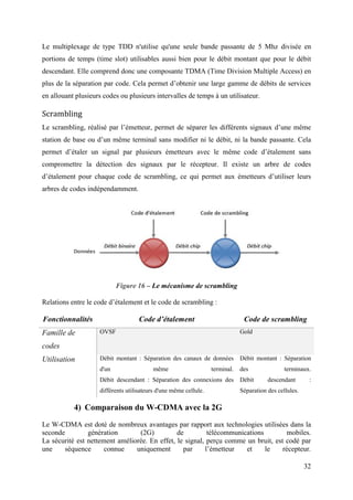 Le multiplexage de type TDD n'utilise qu'une seule bande passante de 5 Mhz divisée en 
portions de temps (time slot) utilisables aussi bien pour le débit montant que pour le débit 
descendant. Elle comprend donc une composante TDMA (Time Division Multiple Access) en 
plus de la séparation par code. Cela permet d’obtenir une large gamme de débits de services 
en allouant plusieurs codes ou plusieurs intervalles de temps à un utilisateur. 
Scrambling 
Le scrambling, réalisé par l’émetteur, permet de séparer les différents signaux d’une même 
station de base ou d’un même terminal sans modifier ni le débit, ni la bande passante. Cela 
permet d’étaler un signal par plusieurs émetteurs avec le même code d’étalement sans 
compromettre la détection des signaux par le récepteur. Il existe un arbre de codes 
d’étalement pour chaque code de scrambling, ce qui permet aux émetteurs d’utiliser leurs 
arbres de codes indépendamment. 
32 
Figure 16 – Le mécanisme de scrambling 
Relations entre le code d’étalement et le code de scrambling : 
Fonctionnalités Code d’étalement Code de scrambling 
Famille de 
OVSF Gold 
codes 
Utilisation Débit montant : Séparation des canaux de données 
d'un même terminal. 
Débit descendant : Séparation des connexions des 
différents utilisateurs d'une même cellule. 
Débit montant : Séparation 
des terminaux. 
Débit descendant : 
Séparation des cellules. 
4) Comparaison du W-CDMA avec la 2G 
Le W-CDMA est doté de nombreux avantages par rapport aux technologies utilisées dans la 
seconde génération (2G) de télécommunications mobiles. 
La sécurité est nettement améliorée. En effet, le signal, perçu comme un bruit, est codé par 
une séquence connue uniquement par l’émetteur et le récepteur. 
 